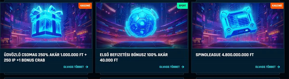 Hungarian online casino promotion cards showing a welcome package up to 1,000,000 Ft + 250 free spins, a first deposit bonus up to 40,000 Ft, and a Spinoleague tournament with a 4,800,000,000 Ft prize pool.