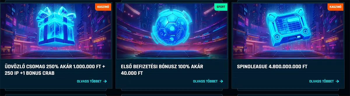 Hungarian online casino promotion cards showing a welcome package up to 1,000,000 Ft + 250 free spins, a first deposit bonus up to 40,000 Ft, and a Spinoleague tournament with a 4,800,000,000 Ft prize pool.