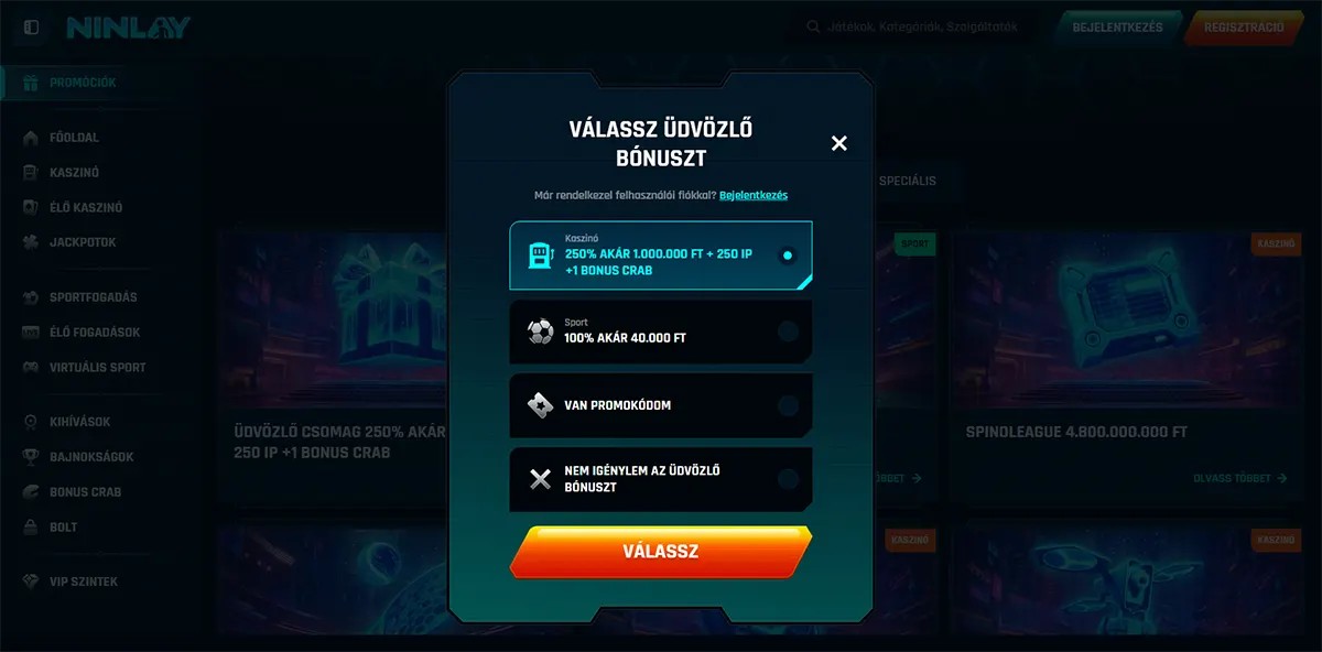 Hungarian online casino interface showing a “Válassz üdvözlő bónuszt” popup with options including a 250% casino bonus up to 1,000,000 Ft + 250 free spins with a bonus crab, a sports bonus up to 40,000 Ft, promo code entry, or declining the welcome bonus.