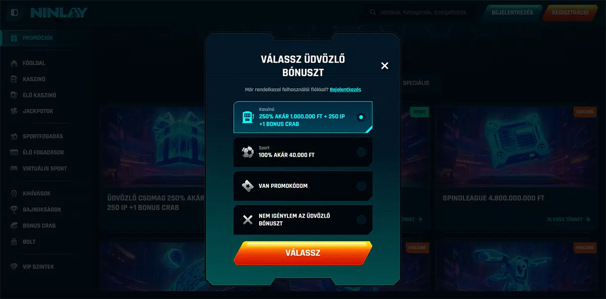 Hungarian online casino interface showing a “Válassz üdvözlő bónuszt” popup with options including a 250% casino bonus up to 1,000,000 Ft + 250 free spins with a bonus crab, a sports bonus up to 40,000 Ft, promo code entry, or declining the welcome bonus.